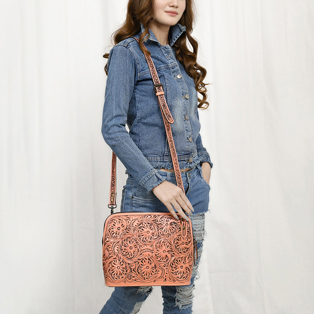 American Darling Western Crossbody Bag for Women Hand Tooled Floral Leather Purse with Adjustable Strap
