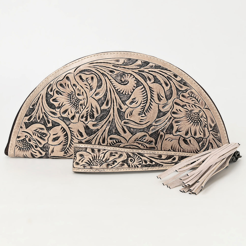 American Darling Western Hand-Tooled Leather Taco Bag for Women – Genuine Floral Carved Wristlet with Fringe Details