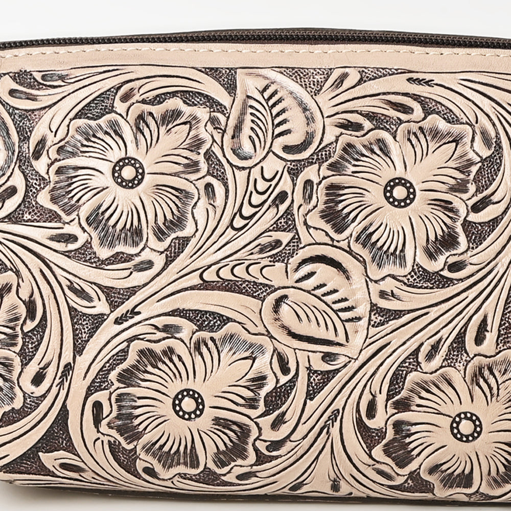 American Darling Western Hand-Tooled Leather Wristlet Bag – Genuine Floral Carved Women’s Clutch with Fringe Strap