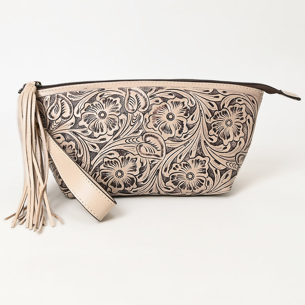 American Darling Western Hand-Tooled Leather Wristlet Bag – Genuine Floral Carved Women’s Clutch with Fringe Strap