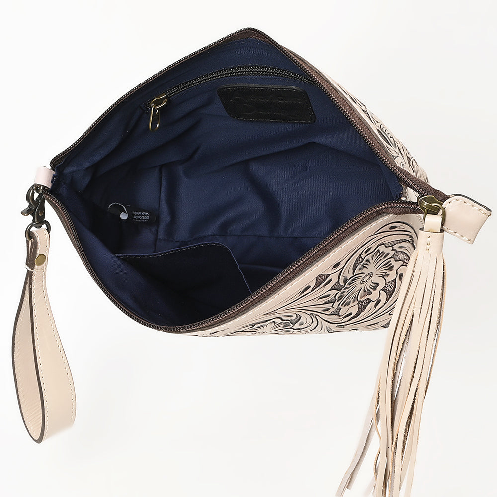 American Darling Western Hand-Tooled Leather Wristlet Bag – Genuine Floral Carved Women’s Clutch with Fringe Strap