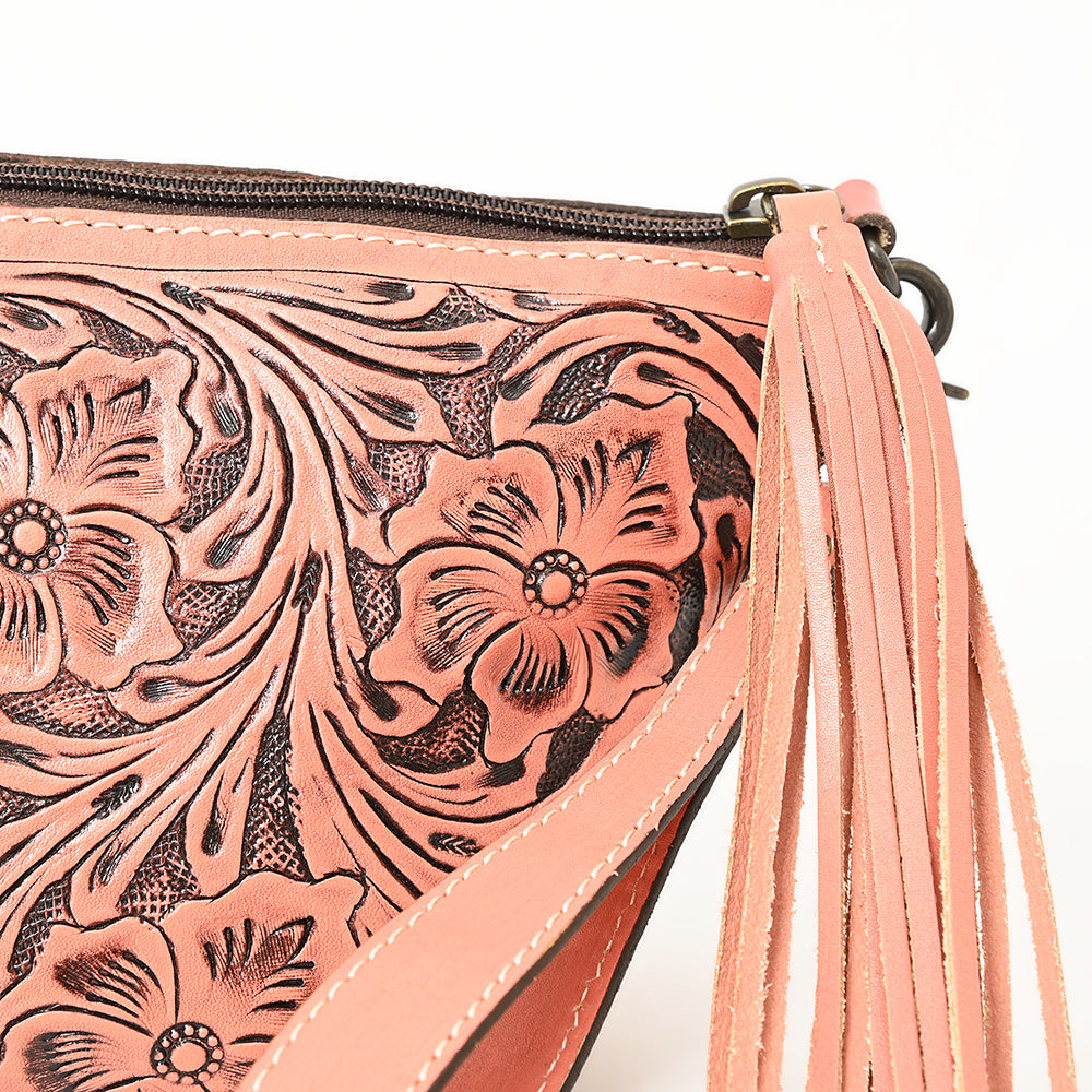 American Darling Western Hand-Tooled Leather Wristlet Bag – Genuine Floral Carved Women’s Clutch with Fringe Strap