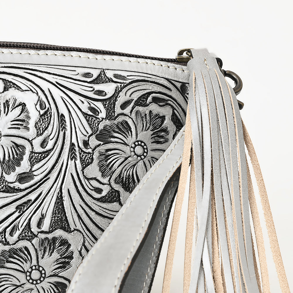 American Darling Western Hand-Tooled Leather Wristlet Bag – Genuine Floral Carved Women’s Clutch with Fringe Strap