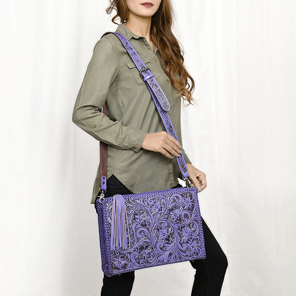 American Darling Western Hand-Tooled Leather Crossbody Bag – Genuine Floral Carved Women’s Purse with Strap and Fringe Detail