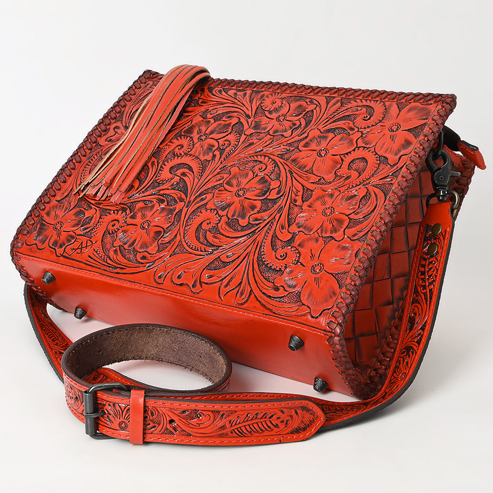 American Darling Western Hand-Tooled Leather Crossbody Bag – Genuine Floral Carved Women’s Purse with Strap and Fringe Detail