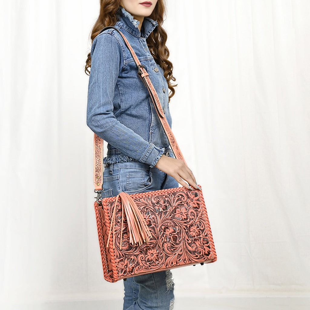 American Darling Western Hand-Tooled Leather Crossbody Bag – Genuine Floral Carved Women’s Purse with Strap and Fringe Detail