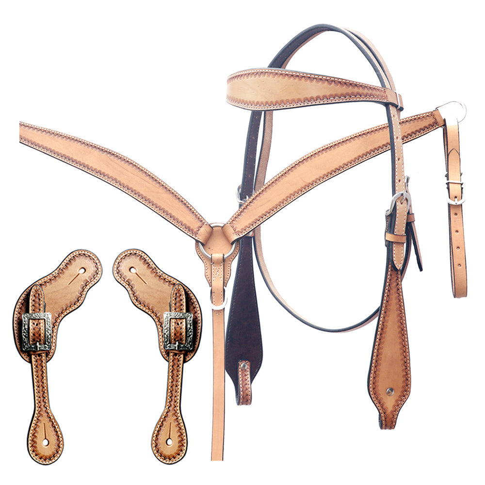 Bar H Equine Leather Horse Headstall Breast Collar & One Ear Headstall Tan