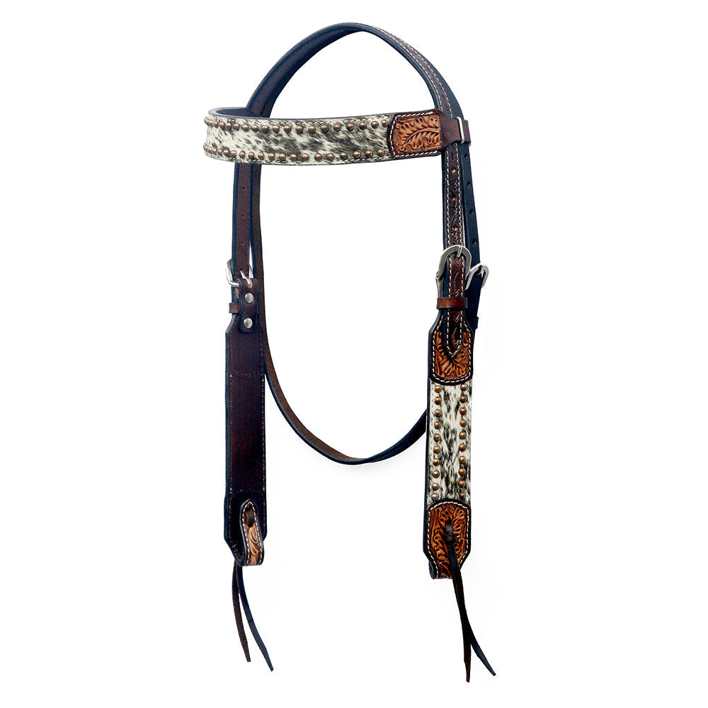 Bar H Equine Western Hair On Leather Headstall & Breast Collar Floral Brown