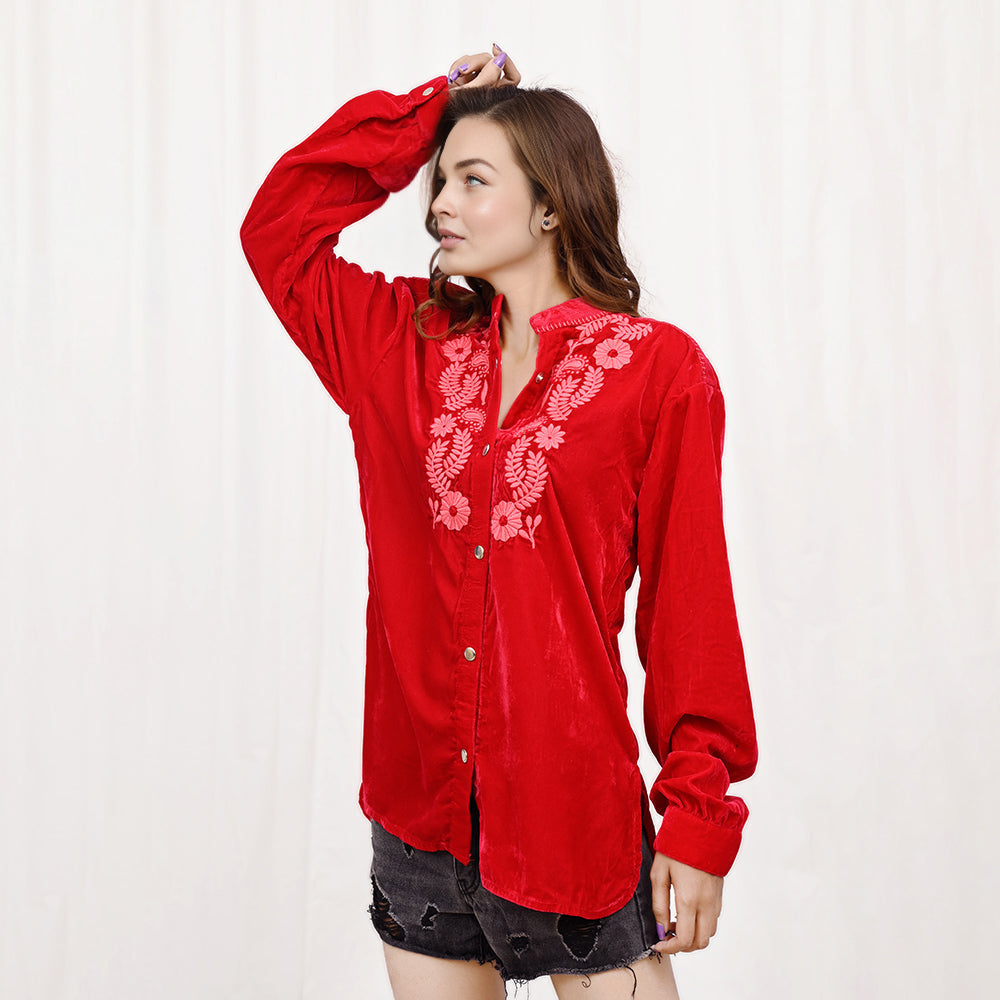 American Darling ADDR003 100% Cotton Denim Women Shirt Jacket Dress Ladies Girl Top Red