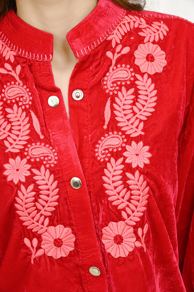 American Darling ADDR003 100% Cotton Denim Women Shirt Jacket Dress Ladies Girl Top Red