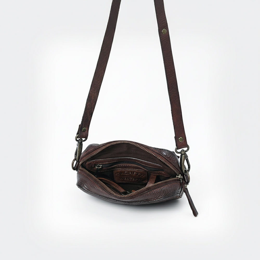 Spaghetti Western Swc166Brn Small Crossbody Vintage Handmade Drum Dyed Genuine European Cowhide Leather Women Bag Western Handbag Purse