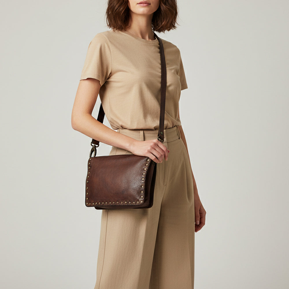 Spaghetti Western Swc193Brn Organiser Vintage Handmade Drum Dyed Genuine European Cowhide Leather Women Bag Western Handbag Purse