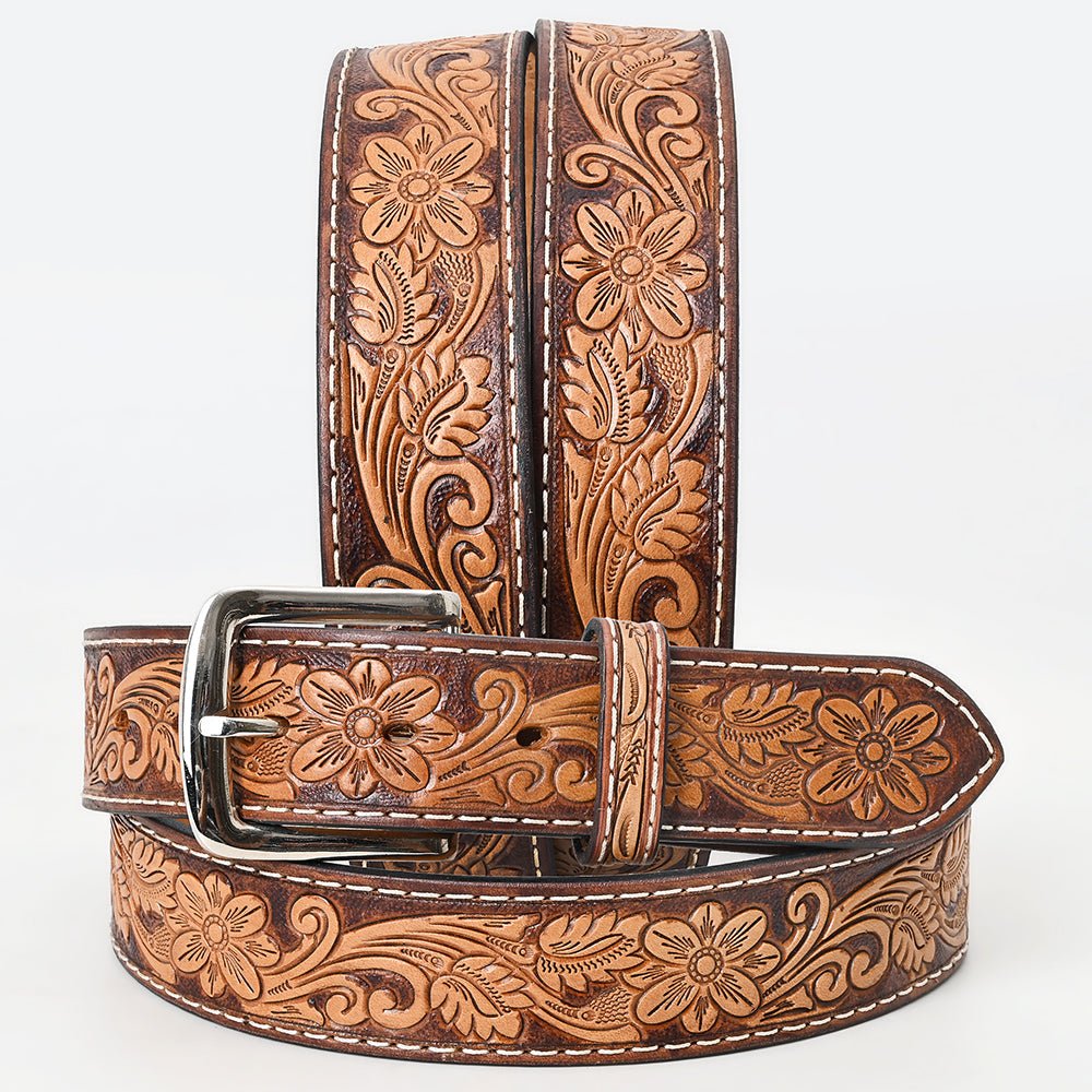 BAR H EQUINE 32 - 42 In Floral Hand Tooled Western Genuine Leather Belt Brown