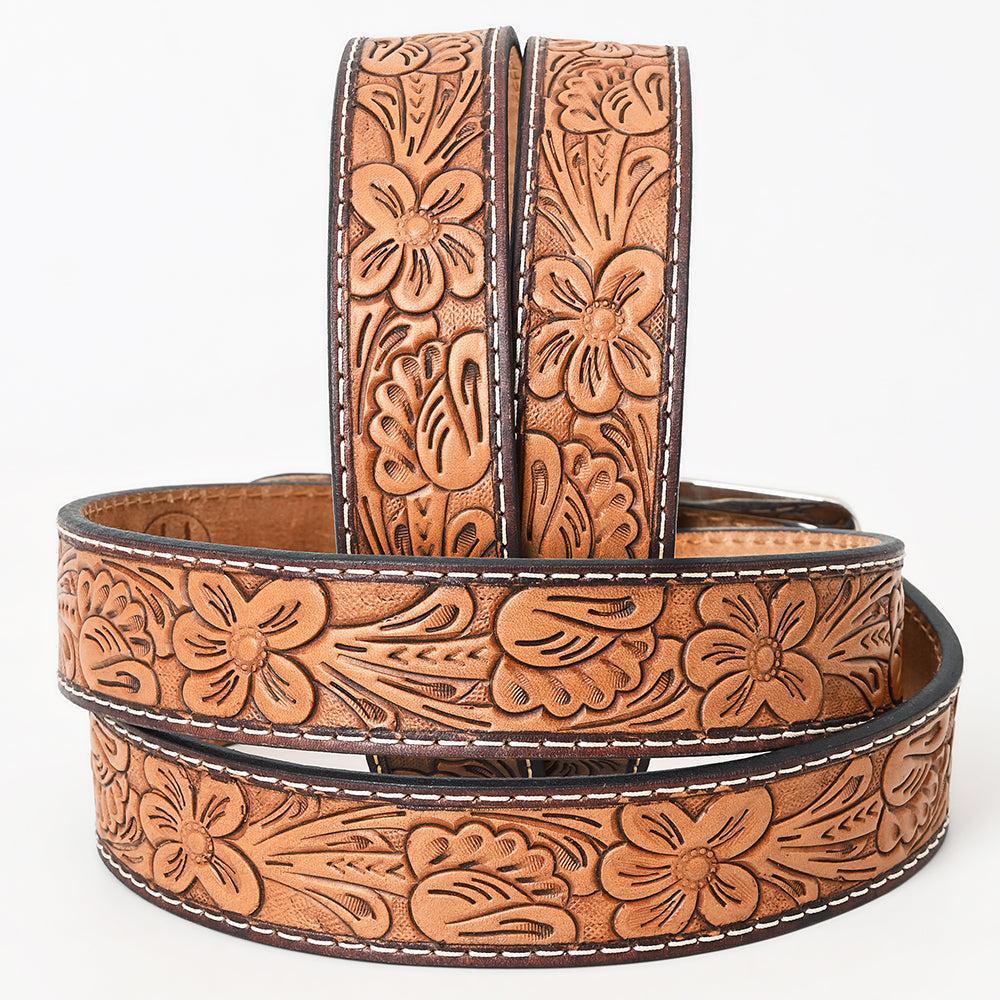 BAR H EQUINE 32 - 42 In Floral Hand Tooled Western Genuine Leather Belt Brown