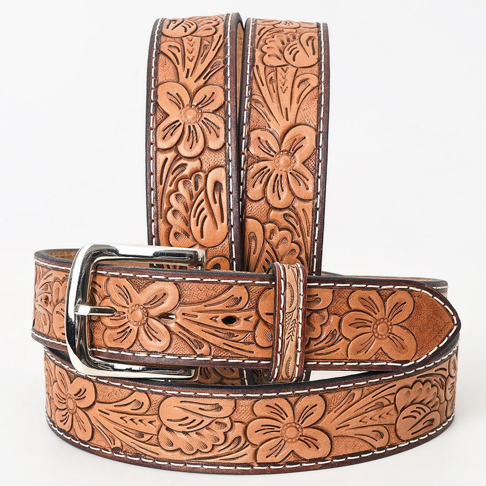 BAR H EQUINE 32 - 42 In Floral Hand Tooled Western Genuine Leather Belt Brown