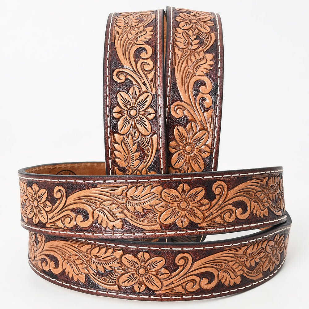BAR H EQUINE 32 - 42 In Floral Hand Tooled Western Genuine Leather Belt Brown