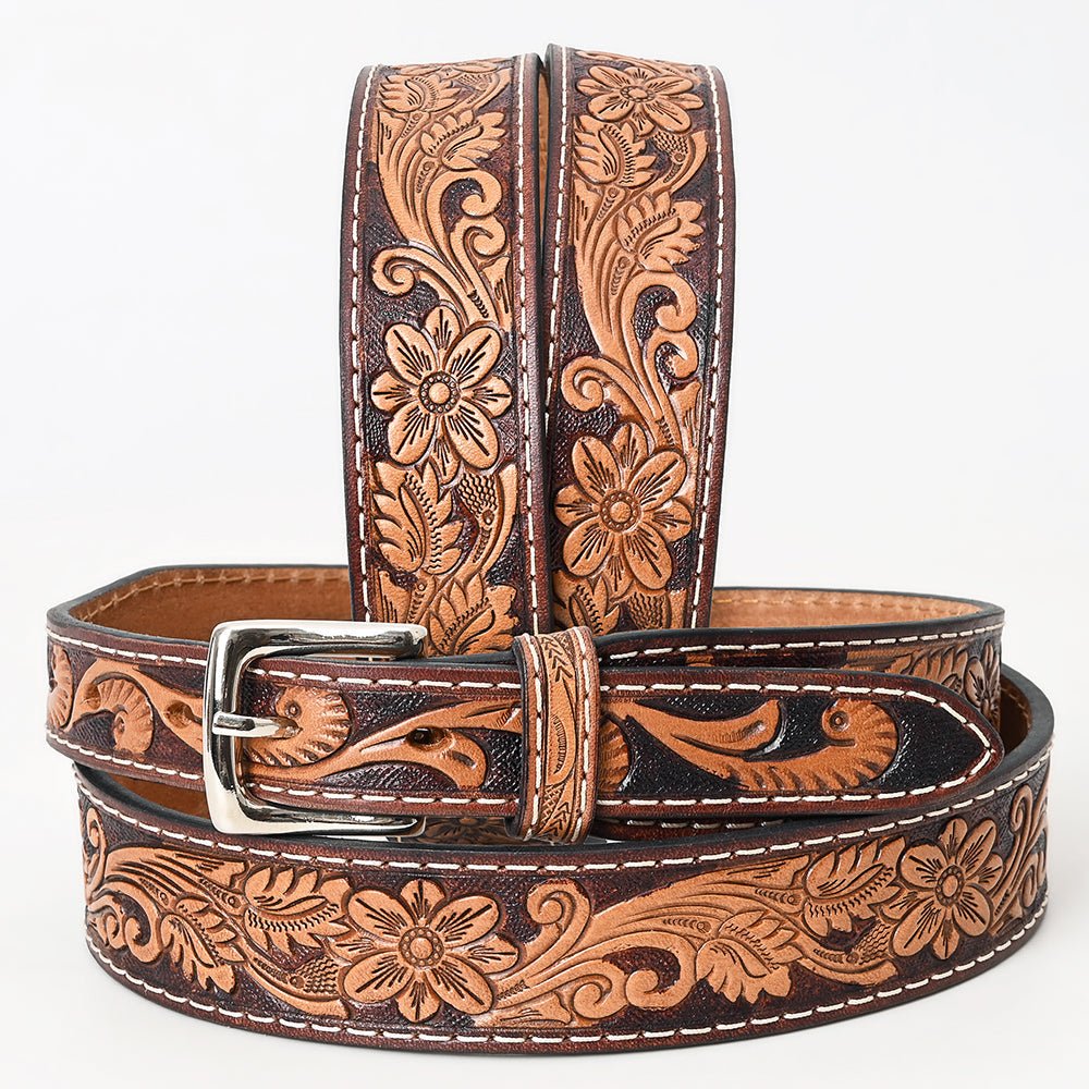 BAR H EQUINE 32 - 42 In Floral Hand Tooled Western Genuine Leather Belt Brown
