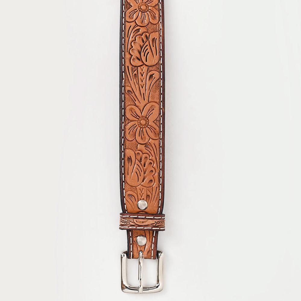 BAR H EQUINE 32 - 42 In Floral Hand Tooled Western Genuine Leather Belt Brown