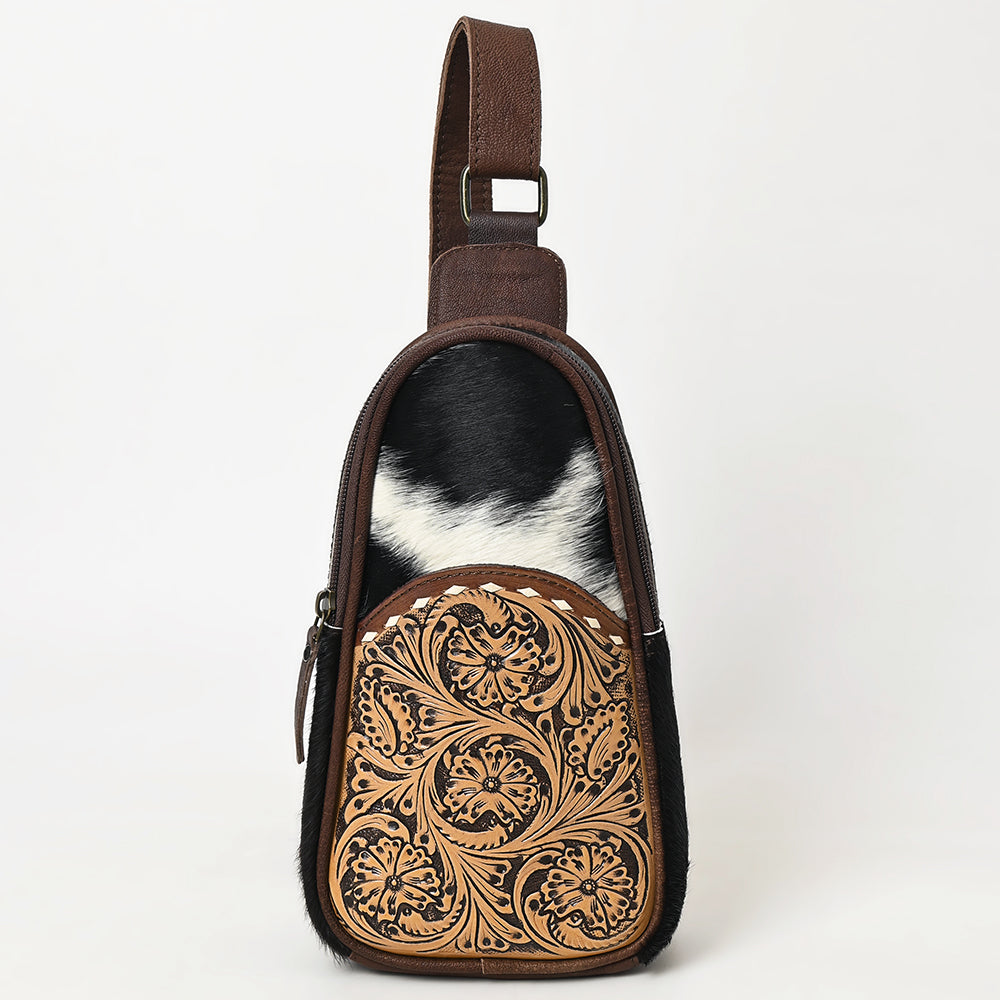 OHLAY Hand-Tooled Hair-On Leather Sling Bag