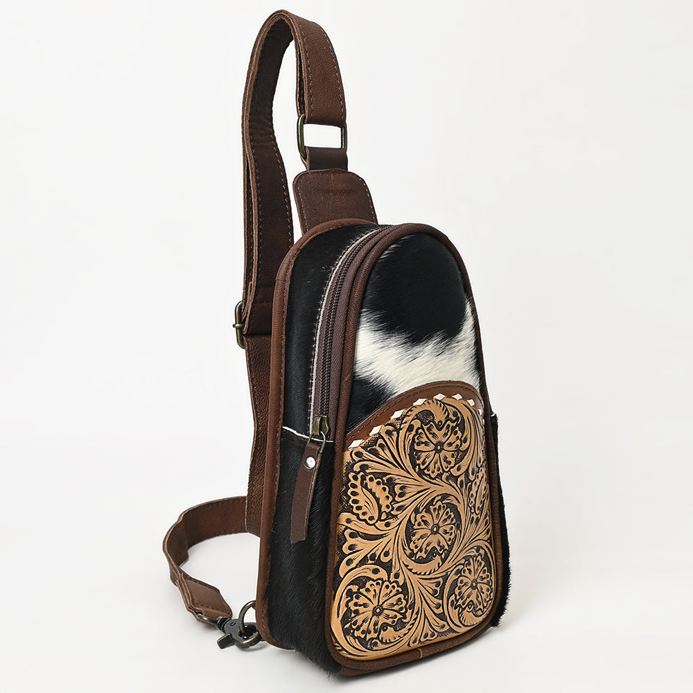 OHLAY Hand-Tooled Hair-On Leather Sling Bag