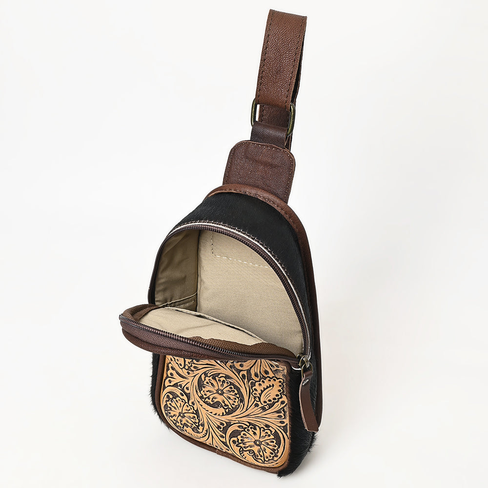 OHLAY Hand-Tooled Hair-On Leather Sling Bag