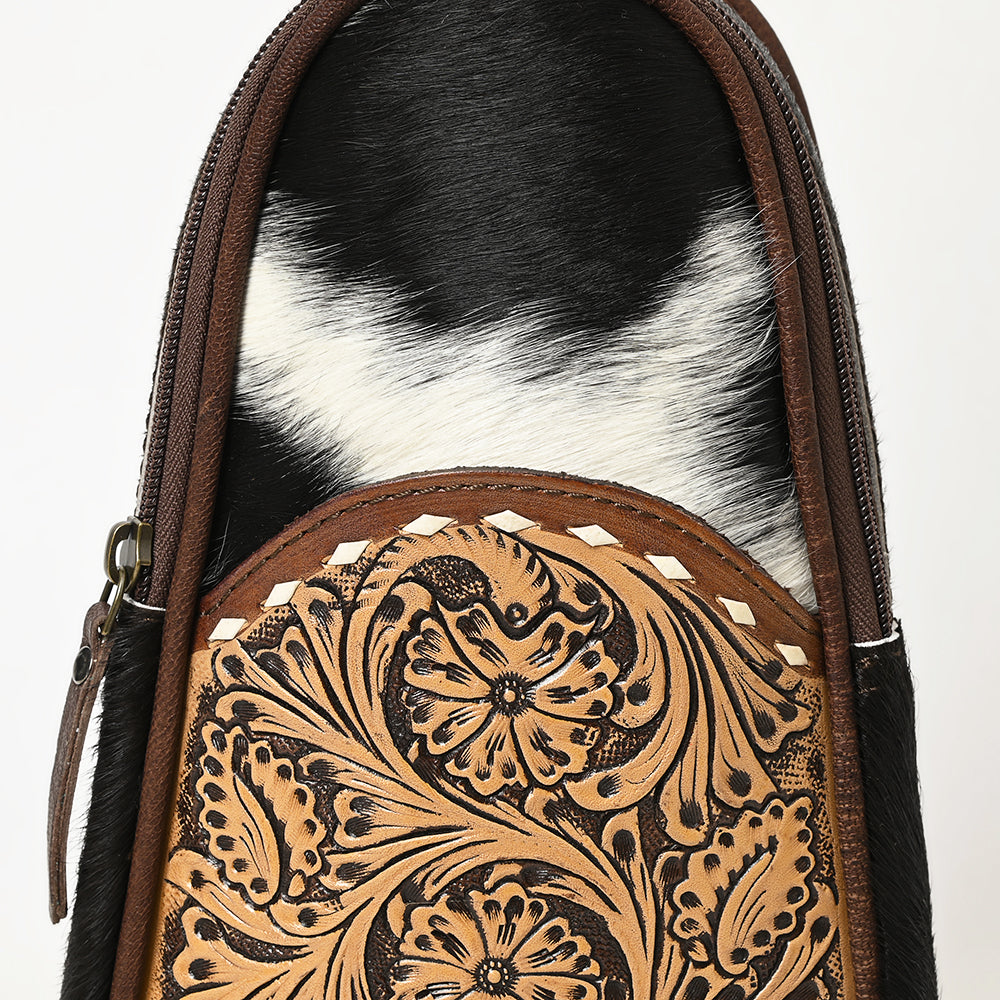 OHLAY Hand-Tooled Hair-On Leather Sling Bag