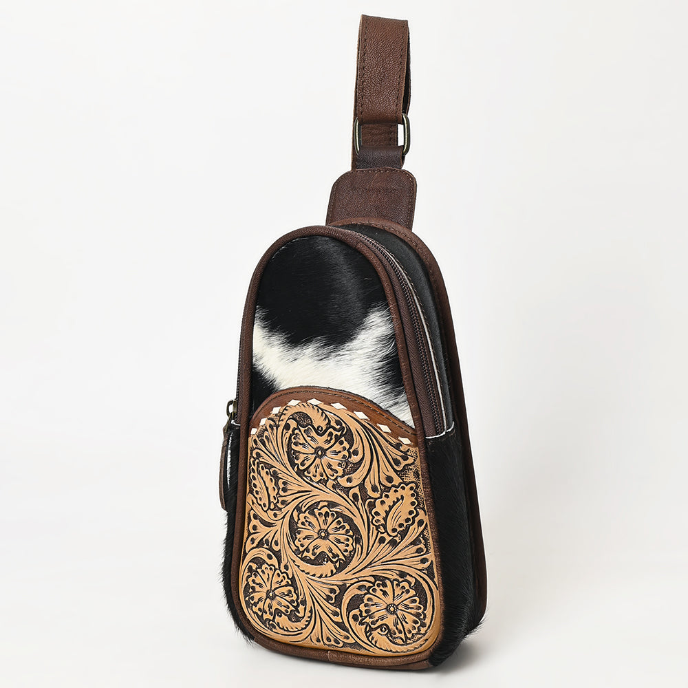 OHLAY Hand-Tooled Hair-On Leather Sling Bag