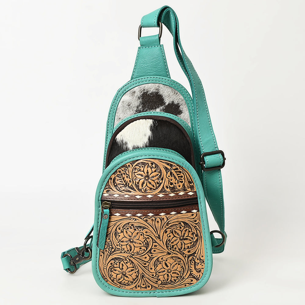 OHLAY Hand-Tooled Hair-On Leather Sling Bag