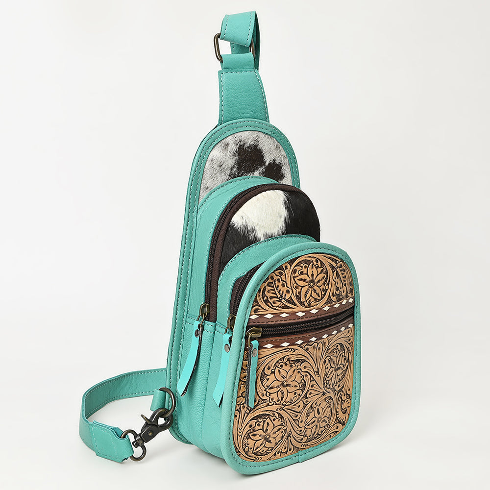 OHLAY Hand-Tooled Hair-On Leather Sling Bag