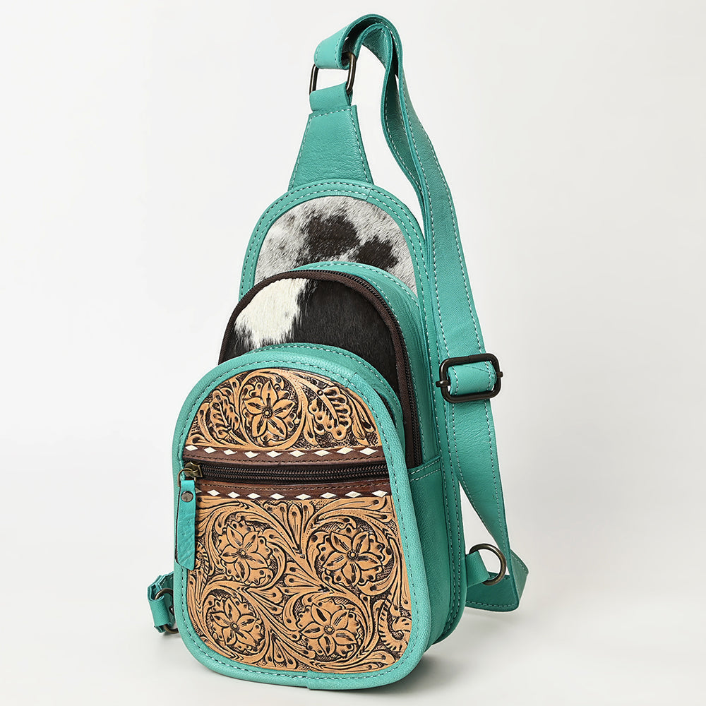 OHLAY Hand-Tooled Hair-On Leather Sling Bag