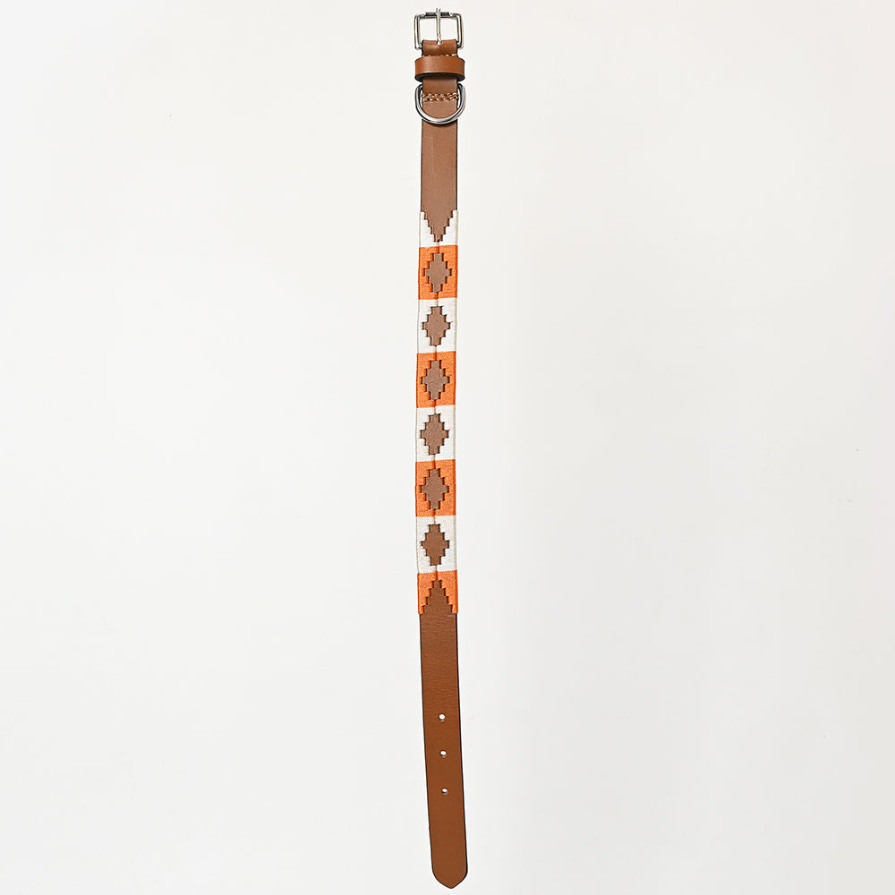 BAR H EQUINE Western Genuine Leather Dog Collar Embroidered  Orange & White