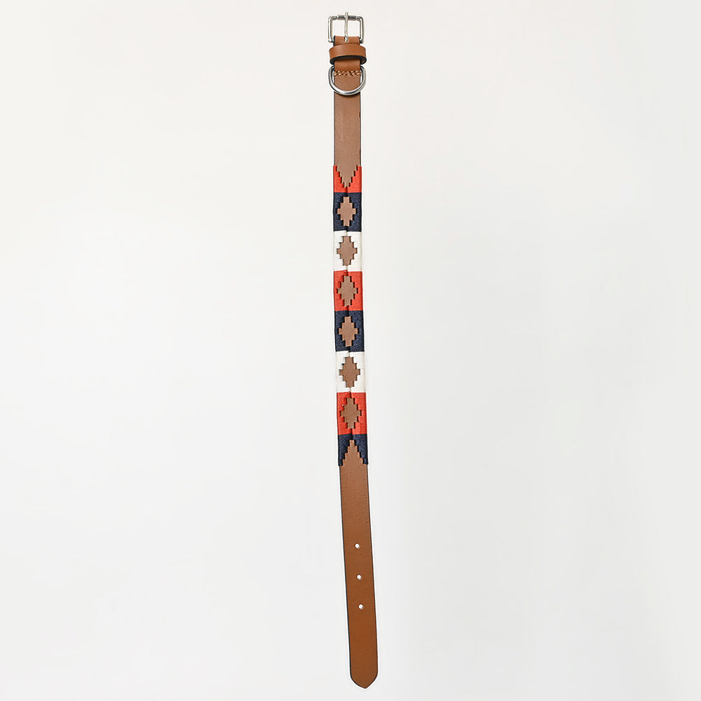 BAR H EQUINE Western Genuine Leather Dog Collar Embroidered  Blue Red & White