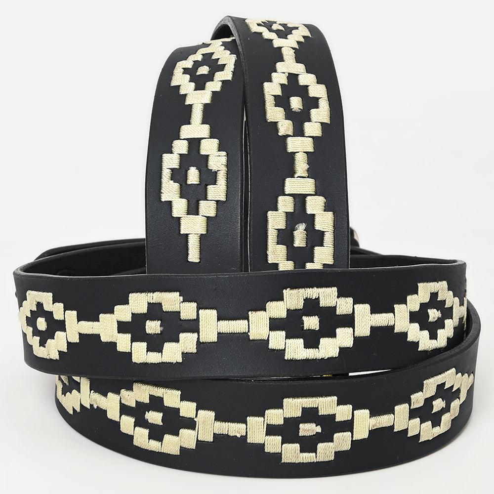 BAR H EQUINE Western Genuine Leather Men And Women Black Belt Embroidered White