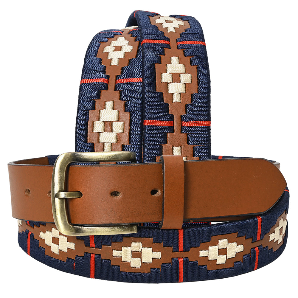 BAR H EQUINE Western Genuine Leather Men And Women Brown Belt Embroidered Blue Red & White