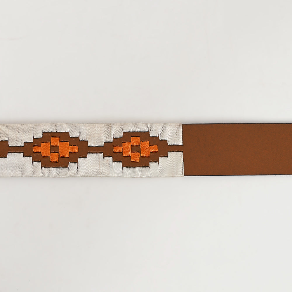 BAR H EQUINE Western Genuine Leather Men And Women Brown Belt Embroidered White & Orange