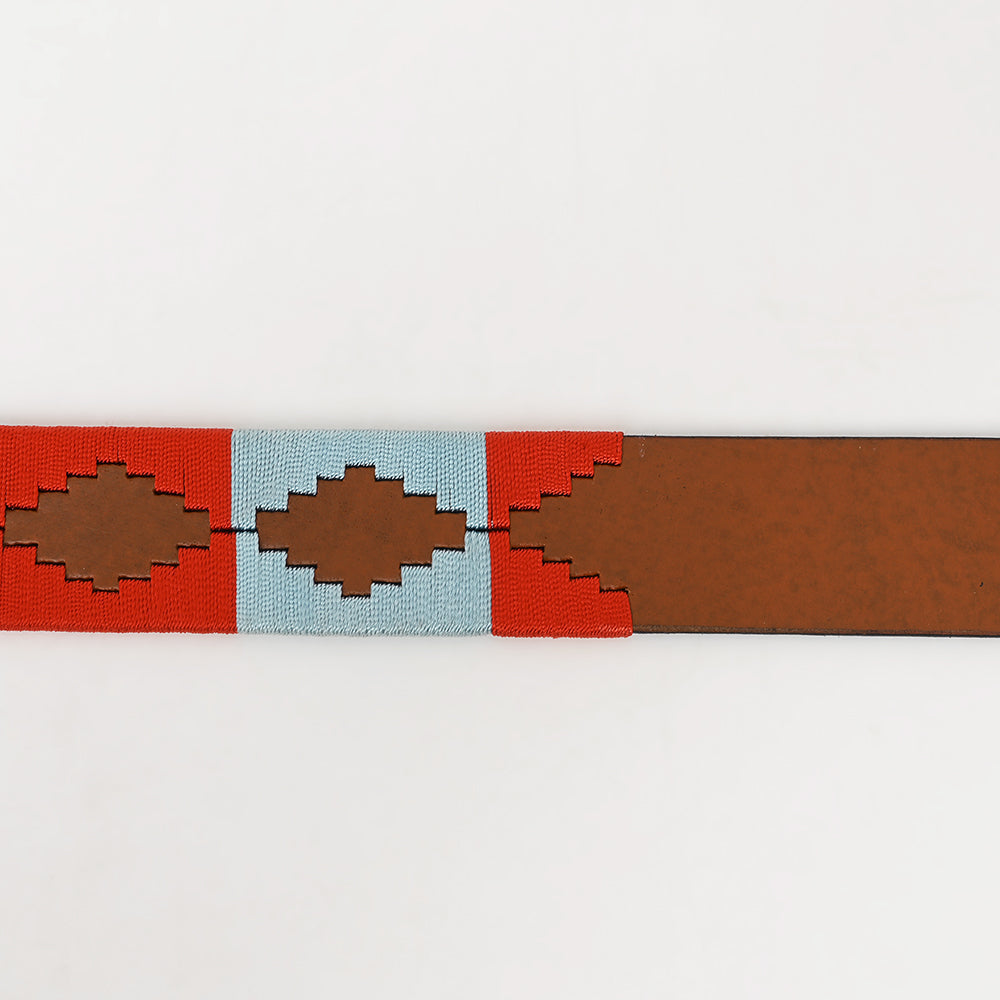 BAR H EQUINE Western Genuine Leather Men And Women Brown Belt Embroidered Red & Light Blue
