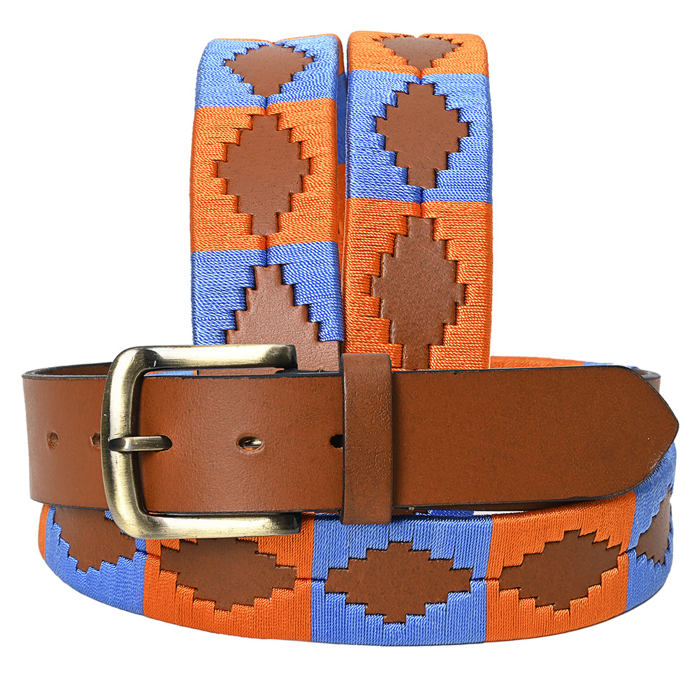 BAR H EQUINE Western Genuine Leather Men And Women Brown Belt Embroidered Orange & Blue