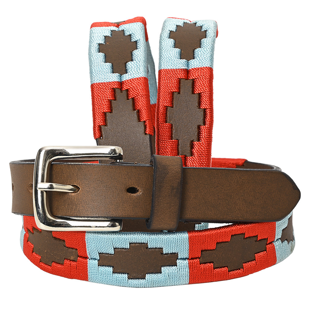 BAR H EQUINE Western Genuine Leather Men And Women Brown Belt Embroidered Red & Light Blue