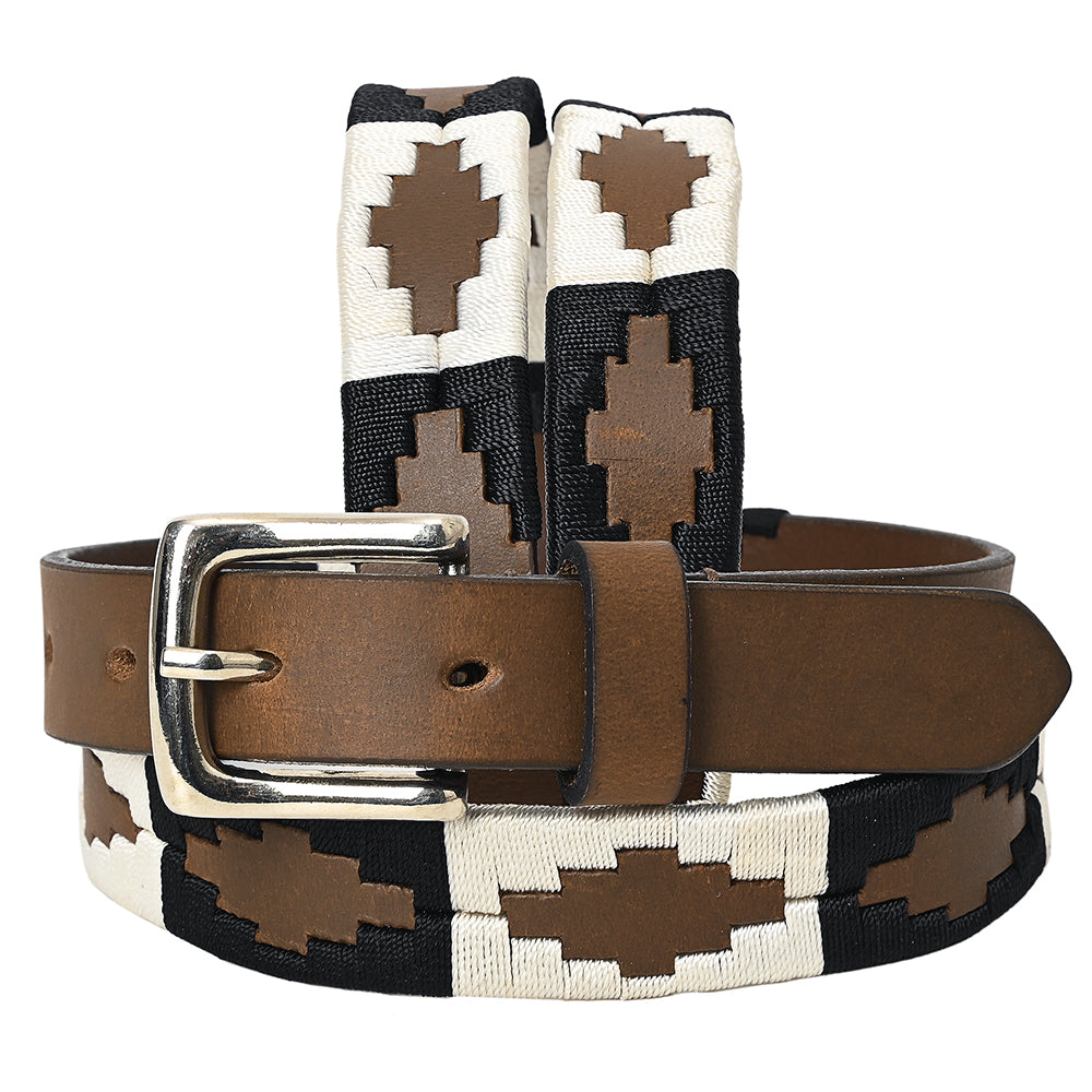 BAR H EQUINE Western Genuine Leather Men And Women Brown Belt Embroidered Black & White