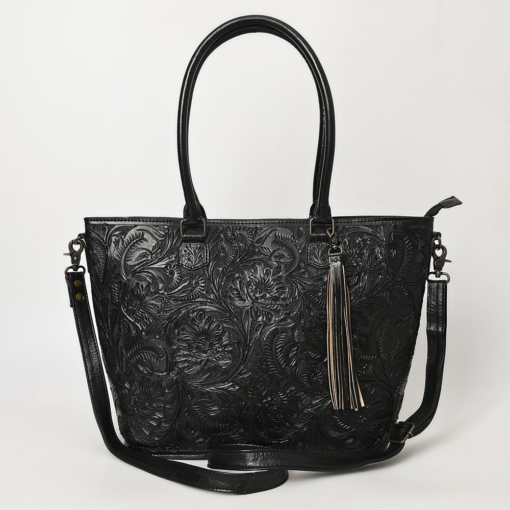 American Darling Hand Tooled Western Tote Bag – Floral Carved Genuine Leather Tote with Tassel | 12in (H) X 18in (W) X 5in (D)