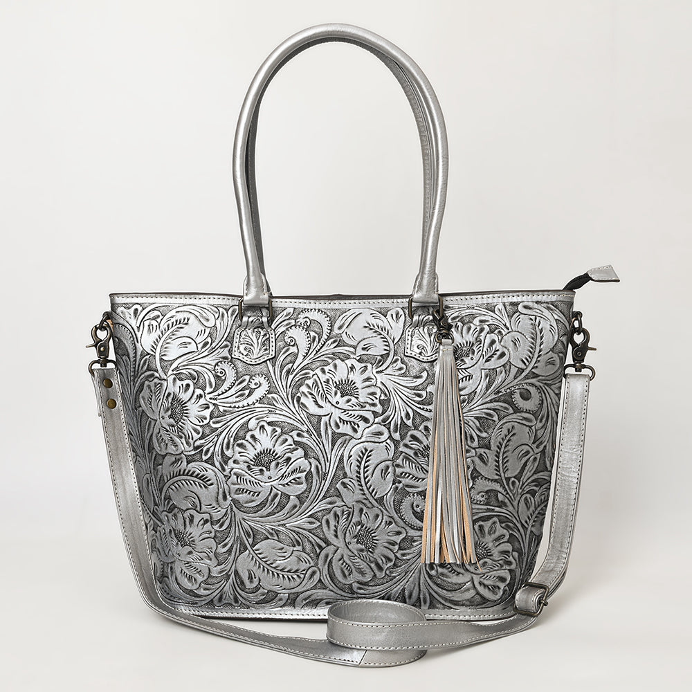 American Darling Hand Tooled Western Tote Bag – Floral Carved Genuine Leather Tote with Tassel | 12in (H) X 18in (W) X 5in (D)