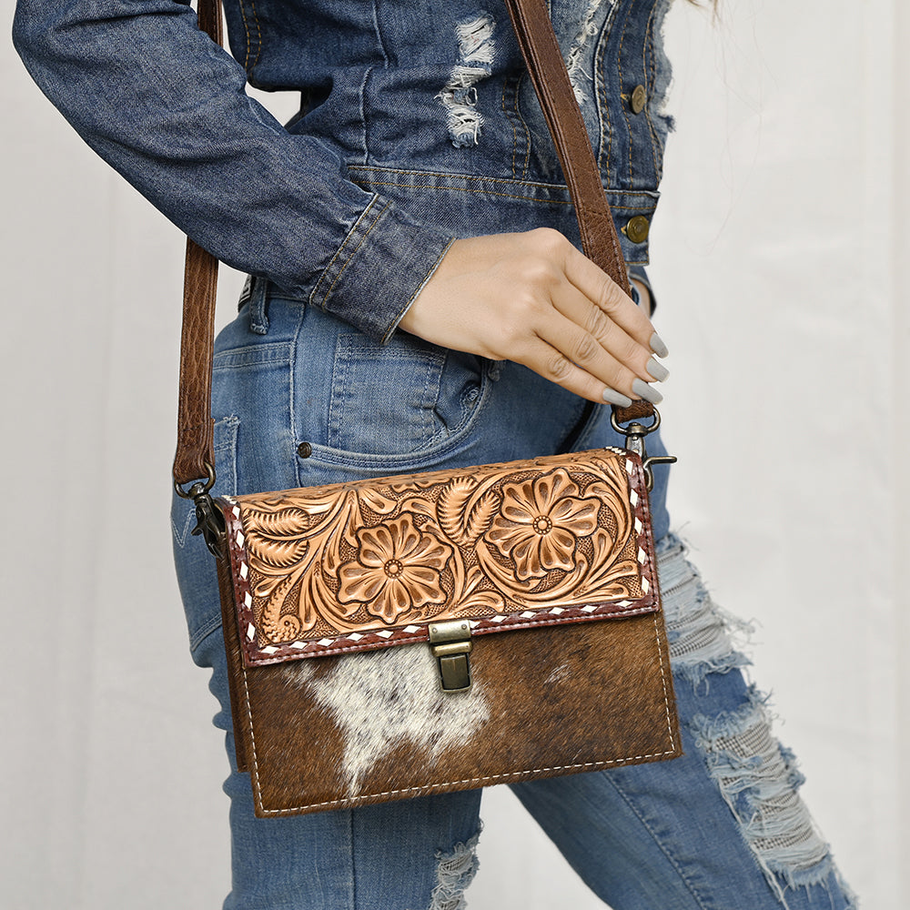 American Darling Hand-Tooled Hair-On Genuine Leather Small Crossbody Bag