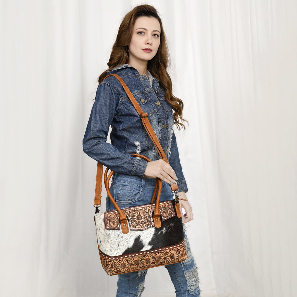 American Darling Hand-Tooled Hair-On Genuine Leather Tote