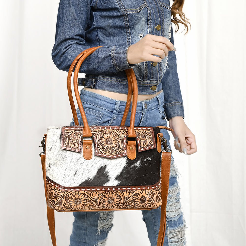 American Darling Hand-Tooled Hair-On Genuine Leather Tote