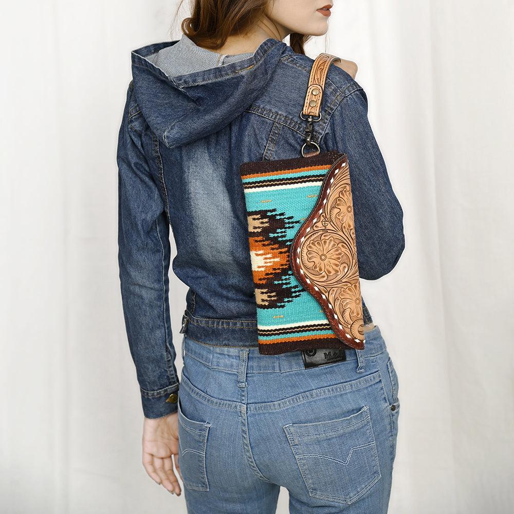 American Darling Wristlet Hand Tooled Upcycled Wool Genuine Leather