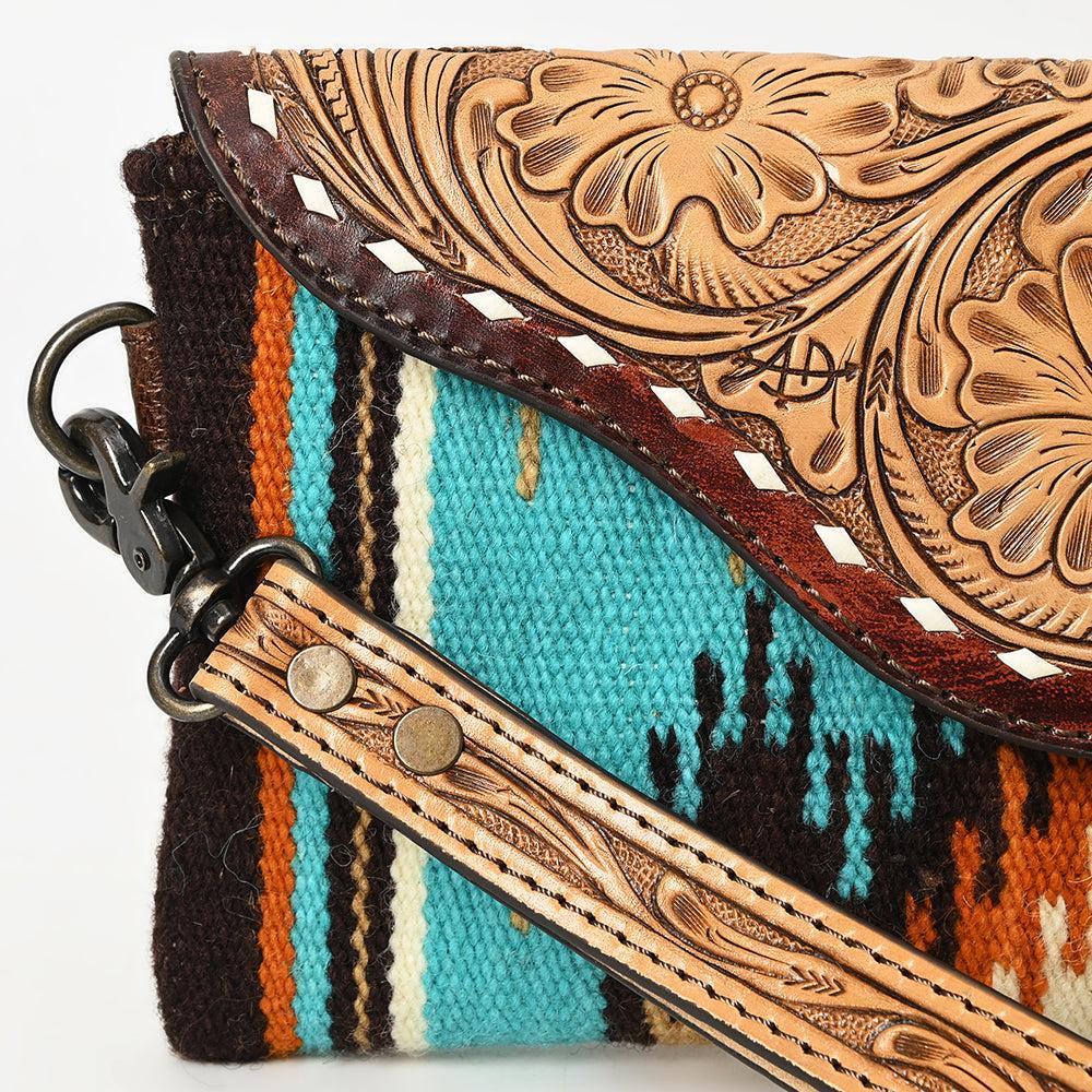 American Darling Wristlet Hand Tooled Upcycled Wool Genuine Leather