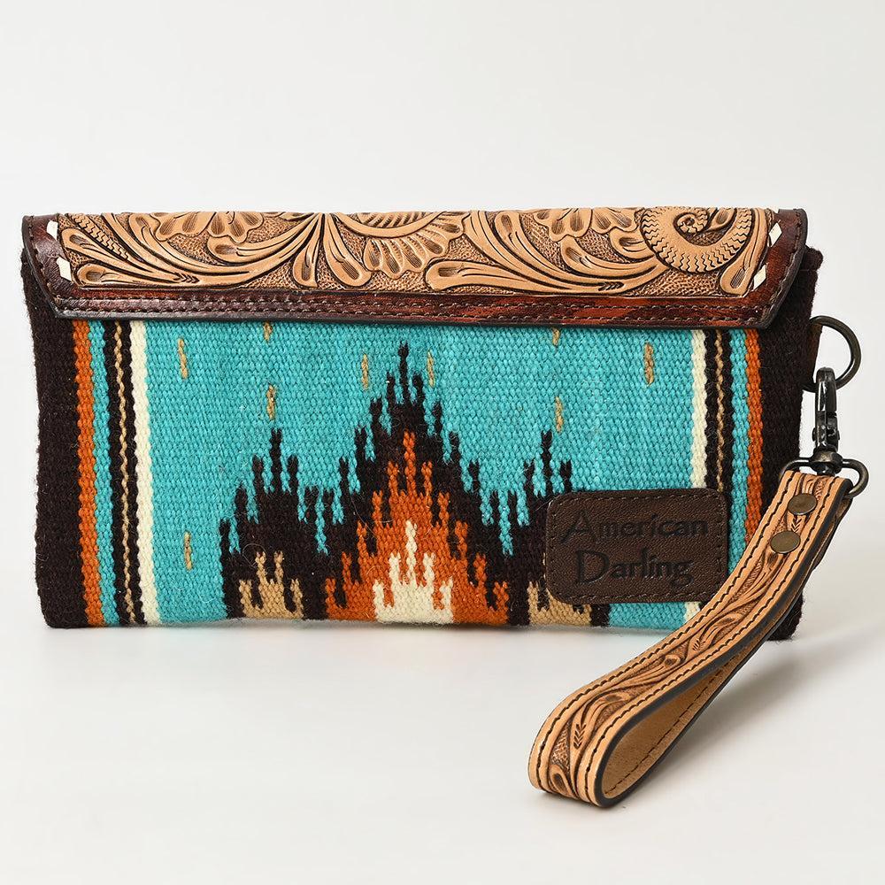 American Darling Wristlet Hand Tooled Upcycled Wool Genuine Leather
