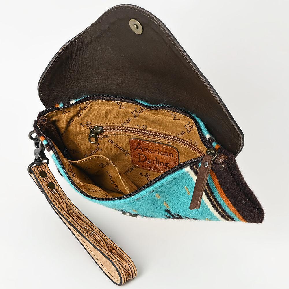 American Darling Wristlet Hand Tooled Upcycled Wool Genuine Leather