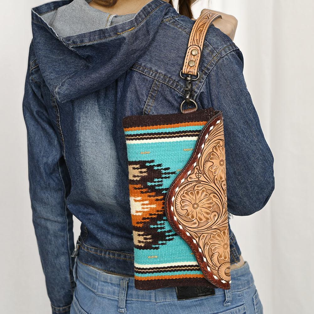 American Darling Wristlet Hand Tooled Upcycled Wool Genuine Leather