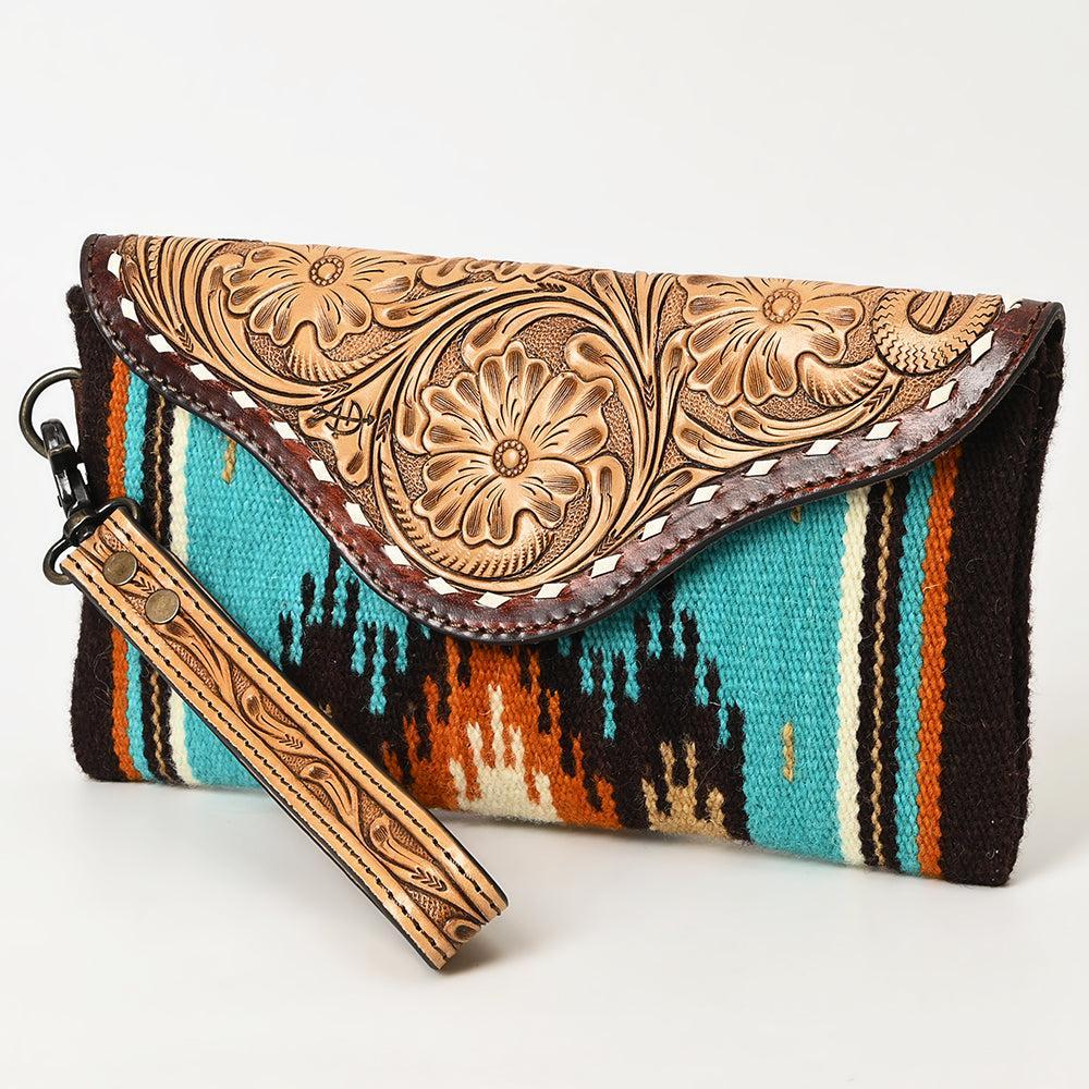 American Darling Wristlet Hand Tooled Upcycled Wool Genuine Leather
